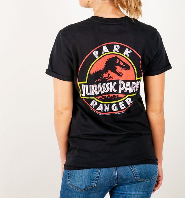 Jurassic Park Ranger Back Print Black Boyfriend Fit Rolled Sleeve T-Shirt