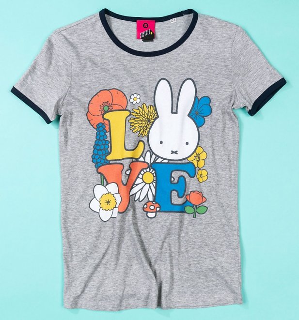 Women's Love Miffy Grey And Navy Ringer T-Shirt Women's Love Miffy Grey And Navy Ringer T-Shirt