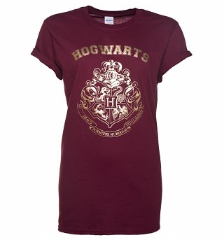 Women's Maroon Harry Potter Gold Hogwarts Crest Rolled Sleeve Boyfriend T-Shirt Women's Maroon Harry Potter Gold Hogwarts Crest Rolled Sleeve Boyfriend T-Shirt