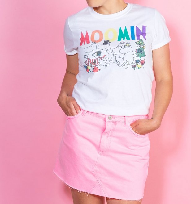 Moomins Rainbow Logo White Boyfriend Fit Rolled Sleeve T-Shirt