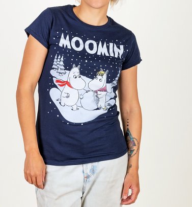 Women's Moomins Winter Scene Navy Fitted T-Shirt Women's Moomins Winter Scene Navy Fitted T-Shirt