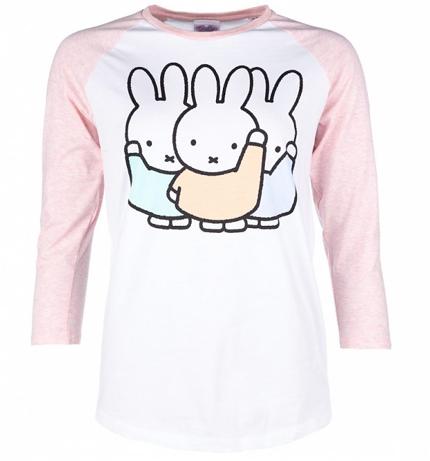 Women's Pastel Miffy Gang White And Pink Raglan Baseball T-Shirt Women's Pastel Miffy Gang White And Pink Raglan Baseball T-Shirt