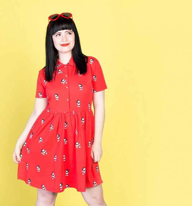 Red Mickey Mouse All Over Print Button Up Dress from Cakeworthy