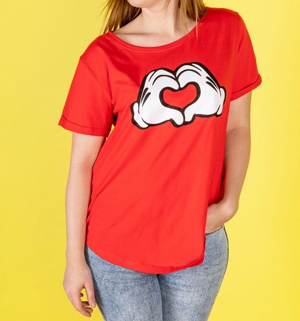 Women's Red Mickey Mouse Love Heart Hands T-Shirt