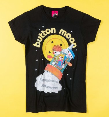 Women's Retro Button Moon Black Fitted T-Shirt Women's Retro Button Moon Black Fitted T-Shirt