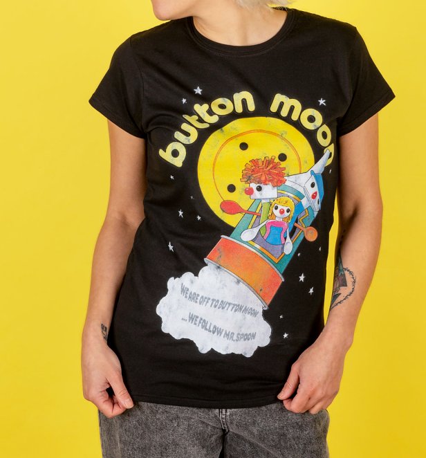 Women's Retro Button Moon Black Fitted T-Shirt