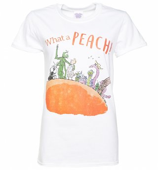 Women's Roald Dahl What A Peach White Boyfriend Fit T-Shirt With Rolled Sleeves Women's Roald Dahl What A Peach White Boyfriend Fit T-Shirt With Rolled Sleeves