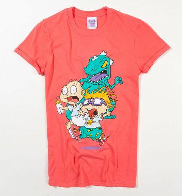 Women's Rugrats Reptar Chase Coral Pink Rolled Sleeve Boyfriend T-Shirt Women's Rugrats Reptar Chase Coral Pink Rolled Sleeve Boyfriend T-Shirt