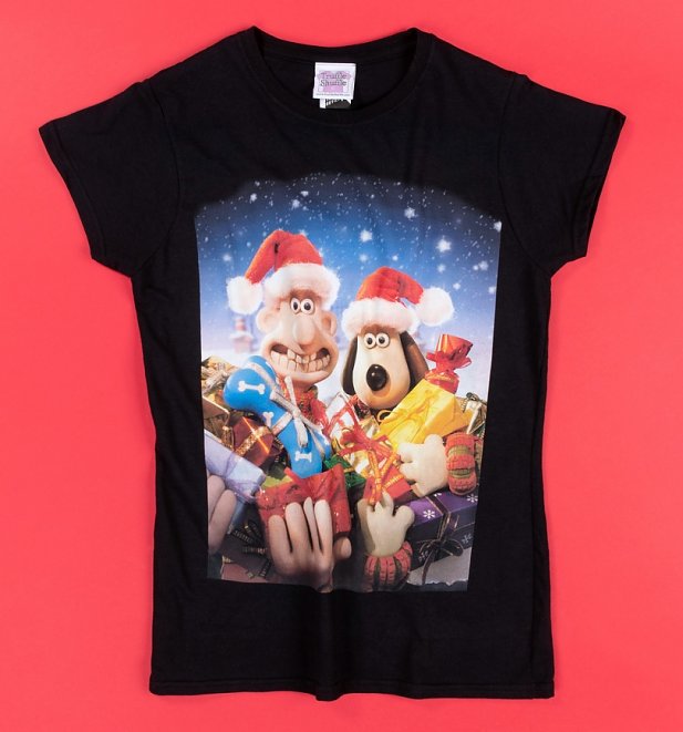 Women's Wallace And Gromit Christmas Presents Black Fitted TShirt