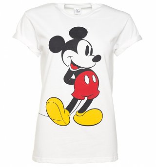 Women's White Classic Mickey Mouse Disney Boyfriend T-Shirt With Rolled Sleeves Women's White Classic Mickey Mouse Disney Boyfriend T-Shirt With Rolled Sleeves