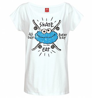 Women's White Cookie Monster Eat Skate All Day Sesame Street Slouch T-Shirt Women's White Cookie Monster Eat Skate All Day Sesame Street Slouch T-Shirt