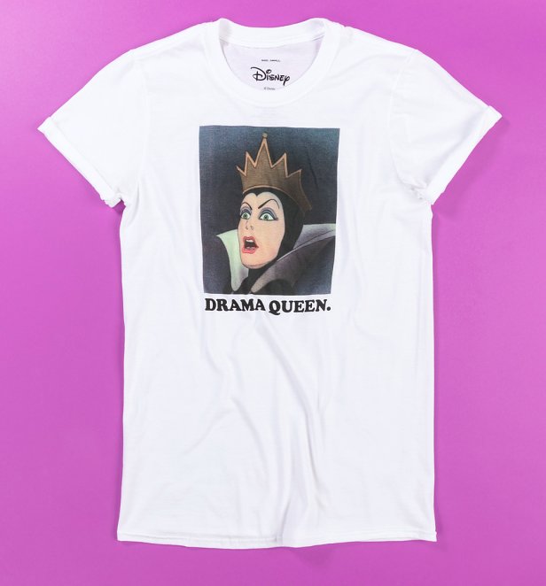 Women's White Disney Evil Queen Drama Queen Slogan T-Shirt with Rolled Sleeves Women's White Disney Evil Queen Drama Queen Slogan T-Shirt with Rolled Sleeves