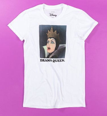 Women's White Disney Evil Queen Drama Queen Slogan T-Shirt with Rolled Sleeves Women's White Disney Evil Queen Drama Queen Slogan T-Shirt with Rolled Sleeves