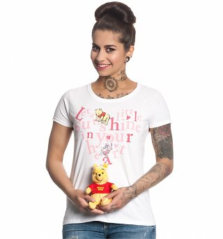 Women's White Disney Winnie The Pooh A Little Sunshine Quote T-Shirt Women's White Disney Winnie The Pooh A Little Sunshine Quote T-Shirt