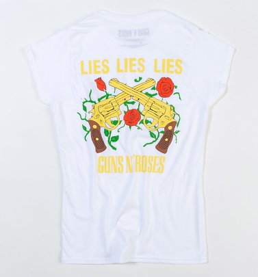 Women's White Guns N Roses Lies Lies Lies Fitted T-Shirt With Back Print Women's White Guns N Roses Lies Lies Lies Fitted T-Shirt With Back Print