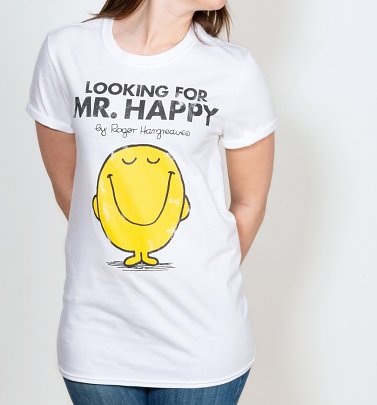 Women's White Looking For Mr Happy Mr Men Boyfriend T-Shirt Women's White Looking For Mr Happy Mr Men Boyfriend T-Shirt
