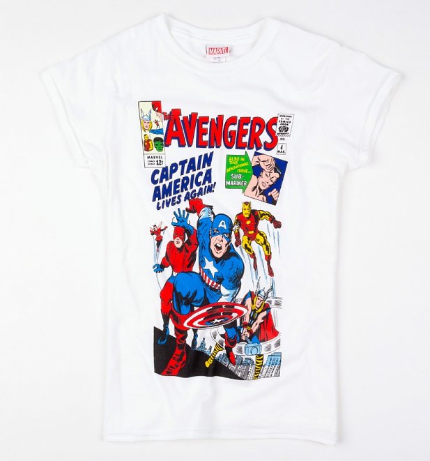 Women's White Marvel The Avengers Vintage Cover Print T-Shirt Women's White Marvel The Avengers Vintage Cover Print T-Shirt