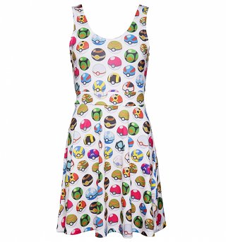 Women's White Pokemon Pokeball All Over Print Skater Dress Women's White Pokemon Pokeball All Over Print Skater Dress