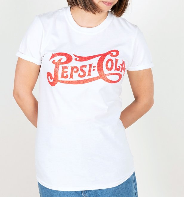 Women's White Vintage Glitter Pepsi Logo Oversized T-Shirt With Rolled Sleeves Women's White Vintage Glitter Pepsi Logo Oversized T-Shirt With Rolled Sleeves