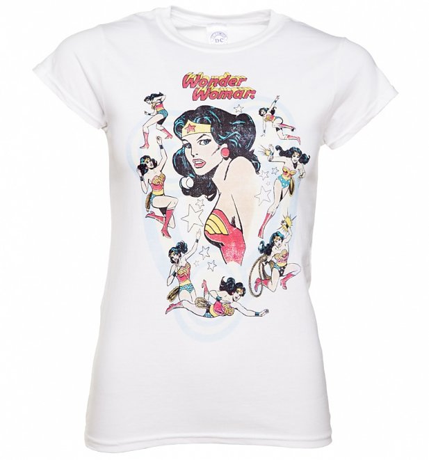 Women's White Vintage Wonder Woman Poses T-Shirt Women's White Vintage Wonder Woman Poses T-Shirt