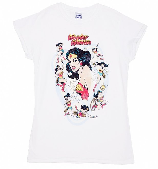 Women's White Vintage Wonder Woman Poses T-Shirt Women's White Vintage Wonder Woman Poses T-Shirt