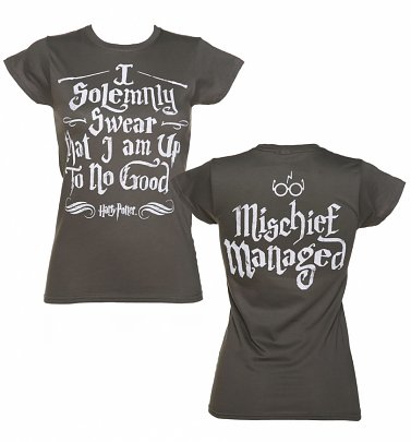Women's Charcoal Harry Potter I Solemnly Swear Mischief Managed T-Shirt With Back Print Women's Charcoal Harry Potter I Solemnly Swear Mischief Managed T-Shirt With Back Print